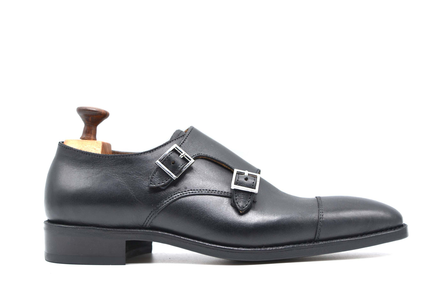 Double Monk Strap Leather Black Shoe